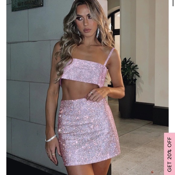 White fox SET Pink Rhinestone Luna Crop Top + One Last Time Skirt XS/S - Picture 10 of 10